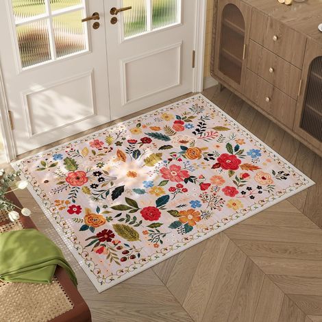 Tapis de porte pour entrée intérieure, tapis lavable en machine, petit tapis floral de style bohème, tapis à poils courts anti-dérapant(6090cm) (1/5)