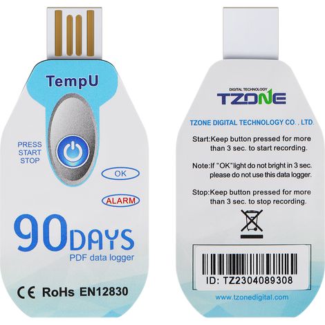 Enregistreur de données de température jetable USB 2.0 étanche, format PDF, durée de vie de 60 jours, pour le respect de la chaîne du froid et l'industrie biologique.