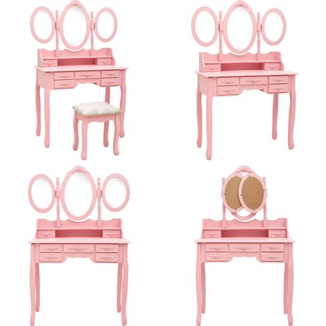 Schminktisch mit Hocker und Dreifach-Spiegel Rosa - Schminktisch - Rosa Schminktisch - Kosmetiktisch - Make-up Tisch - Friseurstuhl - Home & Living (1/5)