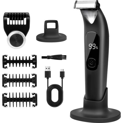 Intimhaartrimmer für Männer, IPX6 wasserdichter Körpertrimmer mit LED, Schneideaufsätzen und Ständer, Nass-/Trockenhaartrimmer für Gesicht und Körper, geeignet für Bart, Intimbereich, Brust und Beine (1/5)