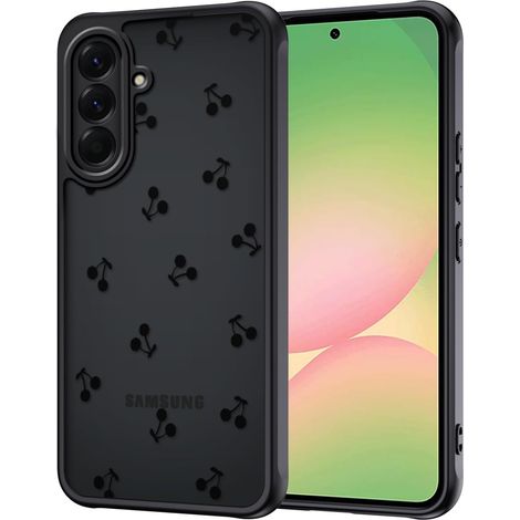 Coque pour Samsung Galaxy A56 5G, Aesthetic Cerise Motif Étui Translucide Mat Silicone TPU + PC Anti-Jaune Antichoc Housse Protection de la Caméra Bumper Case pour Filles Femme, Noir (1/5)