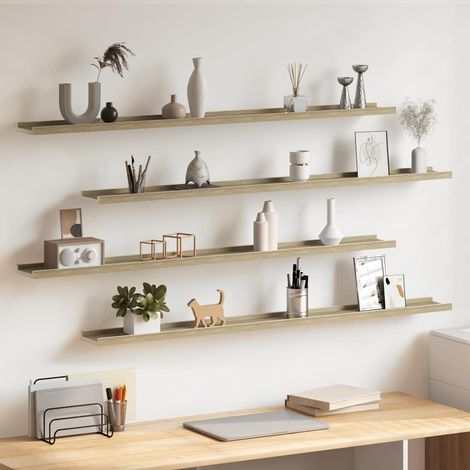 Lot de 4 Étagères murales Étagère de Rangement - Meuble de rangement Blanc et chêne Sonoma 115x9x3 cm BV922388 - BonneVie (1/5)