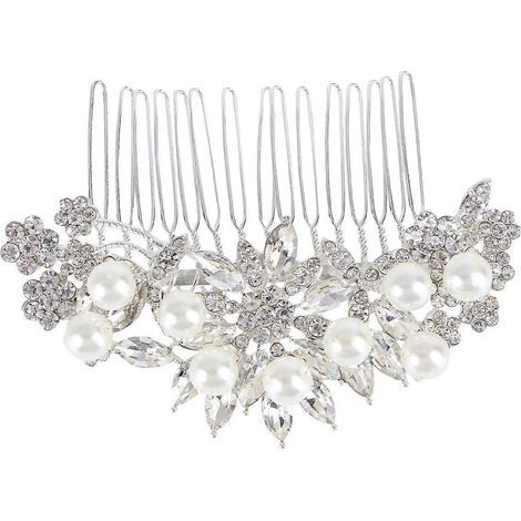 Eleganter Brauthaarkamm, verziert mit Kunstperlen und Kristallen, Hochzeitshaarschmuck, zufälliges Design (silber) - Silber (1/4)