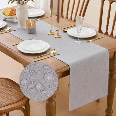 Chemin de table moderne - Gris clair - 40 x 140 cm - Imperméable - Lavable - Aspect lin - Décoration de table de cuisine, table à manger, décoration pour mariage, intérieur, vacances, fête (1/5)