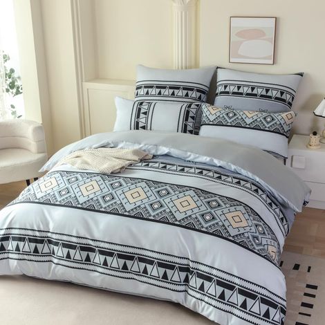 Parure de lit 135 x 200 cm - Gris clair - Avec géométrie - En microfibre - Housse de couette 135 x 200 cm - 2 pièces - Infroissable et douce - 1 housse de couette et 1 taie d'oreiller 80 x 80 (1/5)