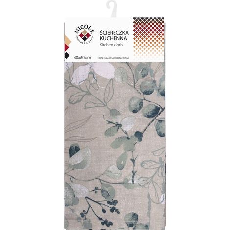 Strofinaccio da cucina in cotone NICOLE, 40x60 cm, art. 52321, stampa foglie beige, verdi e bianche (1/2)