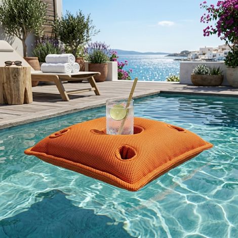 Soo Santaï Cuscino bar Pool Party, 75x75x25 cm, con 4 pozzetti per bicchieri e 1 pozzetto per bottiglie, resistente ai raggi UV, arancione,