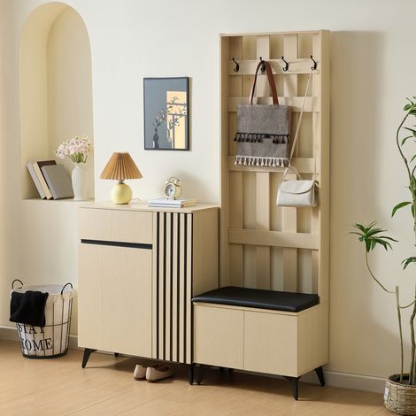 Modernluxe – Ensemble de meubles d'entrée – Meuble à chaussures avec banc rembourré – MDF naturel – Dimensions 75 x 33 x 90 cm – Rangement pratique avec tiroirs et étagères réglables (1/5)