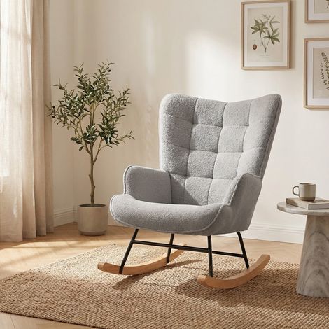 Poltrona a dondolo in tessuto bouclé grigio chiaro - Sedia a dondolo design scandinavo per salotto e camera