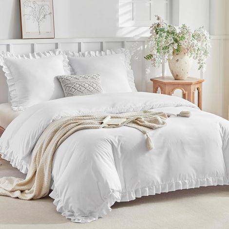 Feuille de Lotus Housse de Couette 220x240 avec 2 Taies d'oreiller 65x65 cm - Modèle à Volants - Parure de lit 220x240 Adulte - 100% Microfibre Parure Couette avec Fermetures éclair, Blanc (1/5)