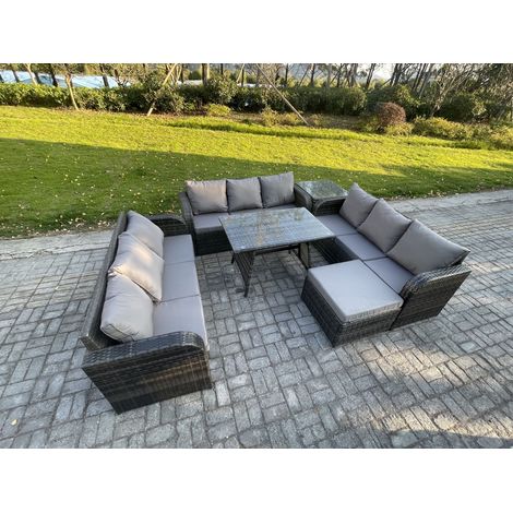 Fimous 10 places Salon de jardin avec Table à manger rectangulaire Grand tabouret Table d'appoint Patio Ensemble de canapés en rotin (1/5)