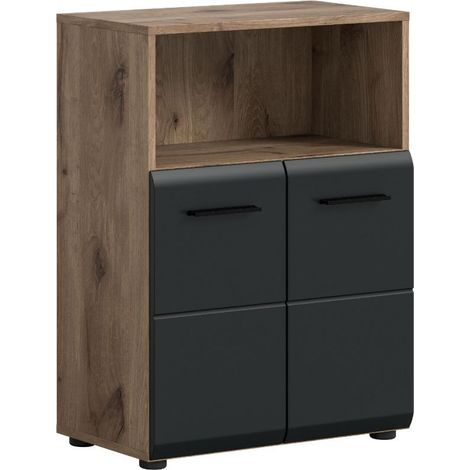 Ice armoire de salle de bain 2 portes, 1 étagère noir mat, chêne décor. (1/5)