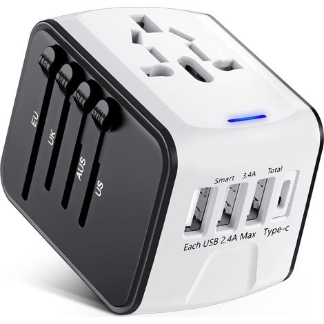 Adaptateur de voyage, adaptateur de prise universel avec ports USB de type C + 3 et prise secteur, prise d'adaptateur pour plusieurs pays (1/5)