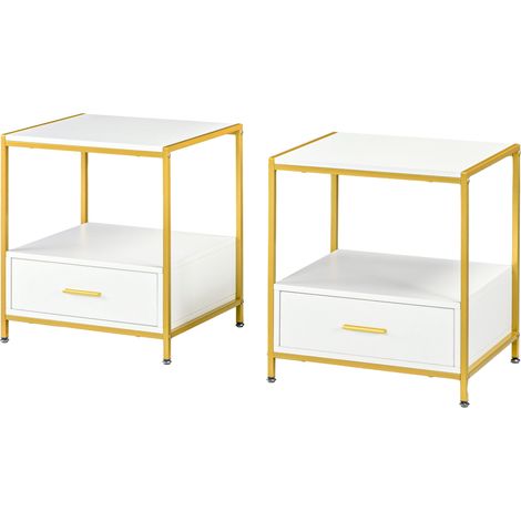 Set de 2 Tables de Chevet pour Chambre à Coucher, Tables de Chevet Modernes Élégantes avec Tiroir et Étagère Ouverte, 50x40x55cm, Blanc et Or (1/5)