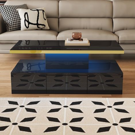 Table basse laquée brillante avec 2 étagères et tiroirs, éclairage LED intégré - design moderne et fonctionnel pour salon (1/5)