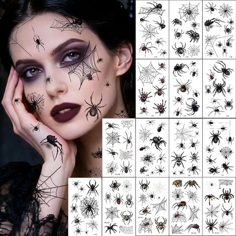 15 Feuilles Tatouage Araignée Halloween, Tatouage Halloween pour Visage, Maquillage Halloween Araignée Tatouage Temporaire, pour Halloween Carnaval Cosplay Costume Fête (1/5)