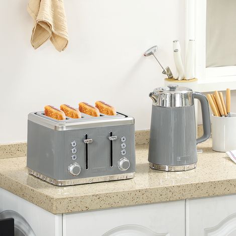 Stylish Tan Electric Kettle and 4-Slice Toaster Set with Precise Temperature Control,Dual Browning Levels,and Easy Cleanup (1/5)