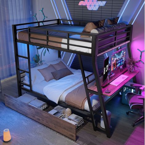 Hochbett 140 x 200 cm mit Schreibtisch, Schubladen und LED, Metall schwarz HAVRYA (1/5)