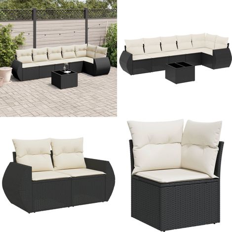 Salon de jardin 7 pcs avec coussins noir résine tressée - Ensemble Salon De Jardin - Meuble De Jardin - Jardin Design - Mobilier Exterieur - Chaise Lounge - Home & Living (1/5)