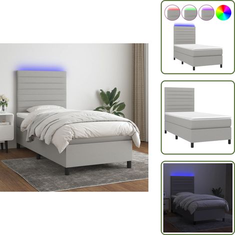 Sommier à lattes de lit avec matelas et LED Gris clair 90x190cm - Sommier Tapissier - Lit Avec Led - Matelas À Ressorts Ensachés - Tête De Lit Ajustable - Éclairage LED (1/5)