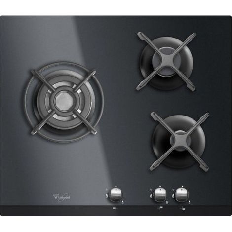 Whirlpool – Plaque de cuisson gaz 3 foyers 6350W – Dimensions L59 x P51cm – Verre trempé noir – Allumage une main, robinets progressifs
