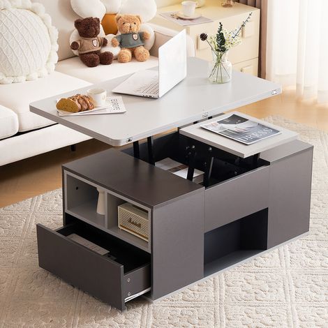 Table basse réglable 100x54x47 cm - Table de canapé avec plateau extensible en 2, tiroirs et espace de rangement ouvert, meuble moderne pour salon - Gris (1/5)