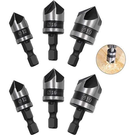 6 Pièces Fraise à Chanfreiner 90 Degrés, 5 Flûte Fraise à Chanfreiner, Foret à Chanfreiner en Acier au Carbone, Tête à Chanfreiner Outils, pour Perçage et Chanfreinage (12 mm, 16 mm, 19 mm)