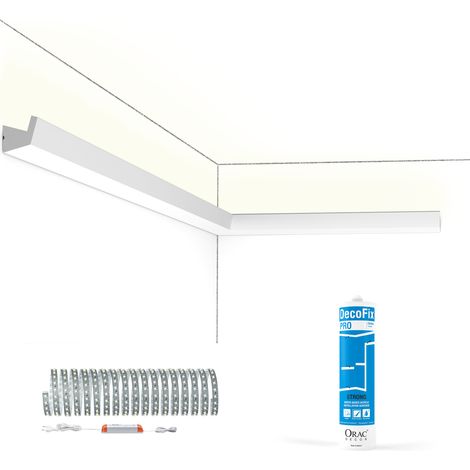 Pack 10 m Corniche éclairage indirect + Bandeau LED + Colle CX189 Orac , Paulmann- 5,5x4,2x200cm (h x p x L) - moulure décorative polyuréthane (1/5)