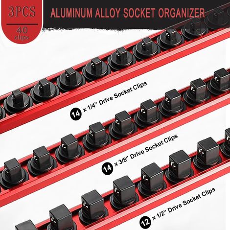 Lot de 3 Rails à Douilles Magnétiques en Aluminium, 40cm - avec 40 Clips Rotatifs Rouges pour 1/4", 3/8" et 1/2" - Organisateur de Douilles pour Garage et Atelier