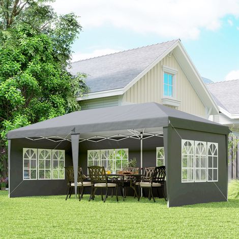 Pavillon ca. 3x6m Wasserdicht Pop-up Faltpavillon mit 4 Seitenwänden, Fenster UV-Schutz Tragetasche Grau