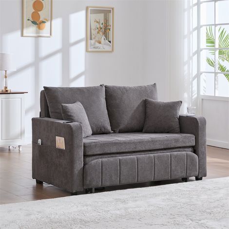 Canapé Convertible - 139x73x83cm - Lit Pliant d'Appoint avec USB Porte-gobelet et Poches de Rangement - Chenille Douce Gris (1/5)
