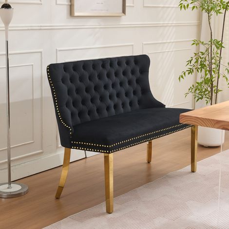 Banquette salle à manger 2 places velours capitonné dossier oreilles pieds acier doré style mid-century noir DE1602BK
