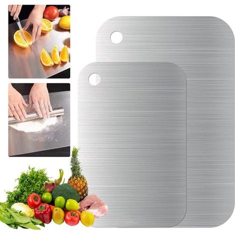Planche à découper double face en acier inoxydable - 30 x 20 cm + 25 x 15 cm - Antibactérienne - Compatible lave-vaisselle (1/5)