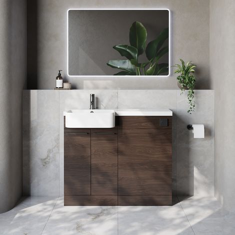 Napoli 250 Brown Oak 1000mm 2 Door Vanity Unit Toilet Suite with Left Hand Round Rico Semi Recessed Basin - 1000mm - Gunmetal Grey 160mm HandleWithout Kingston Toilet Pan