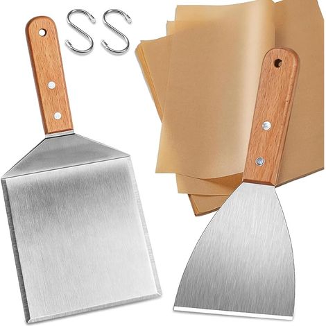 2 PcsSpatule Plancha Inox, Spatule Barbecue, Spatule Inox Cuisine avec Manche en Bois, Spatules à Griller pour Smash Burger Hamburger BBQ Ustensile de Cuisine + 20 Papier à Hamburger, 2 Crochets en S
