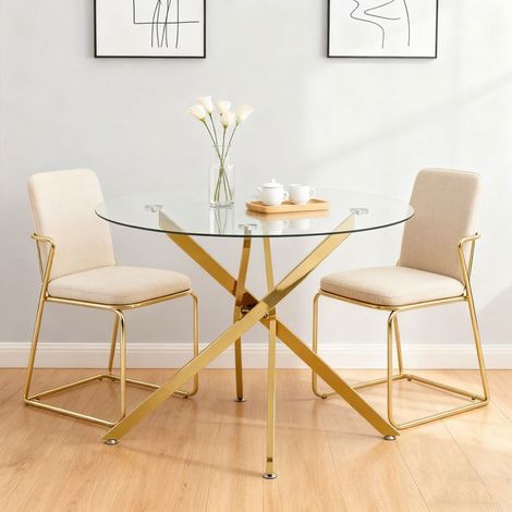 Table à Manger 80 x 80 x 76 cm forme ronde plateau en verre trempé piètement doré style moderne style minimaliste (1/5)