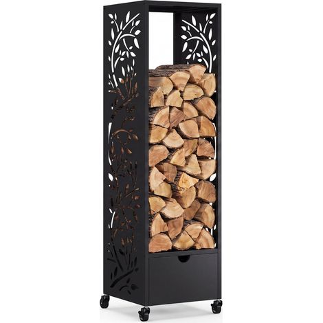 Range bûches vertical plein acier noir motif arbre H. 140 CM pour cheminée avec roulettes et tiroir (1/5)