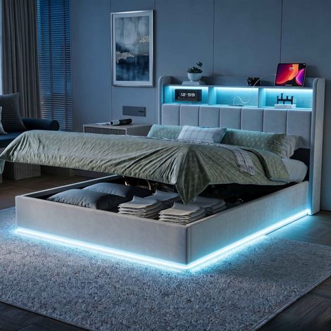 Letto matrimoniale 140x200 cm – Letto a una piazza e mezza – Vani laterali – Vano gonfiabile – Striscia luminosa – Illuminazione a LED regolabile – USB/Type-C – Rete a doghe (1/5)