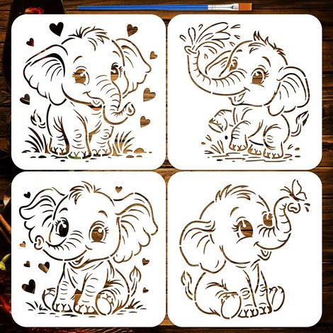 4Pcs Pochoir Peinture Éléphant Mignon aux Grands Yeux avec Pinceau, 20x20cm Éléphant avec Amour Pochoir Silhouette Animale Pochoirs Thème Animal pour Peinture sur Mur Décor Maison (1/5)