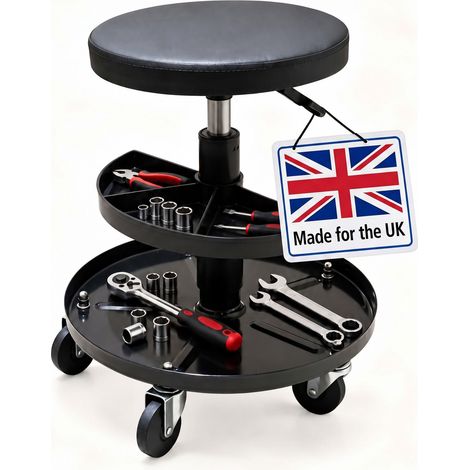 Relaxdays Workshop Stool, Castors, Height-Adjustable, Assembly, Storage, 5 Castors, HxD: 42-56 x 38 cm, Metal, Black (1/5)
