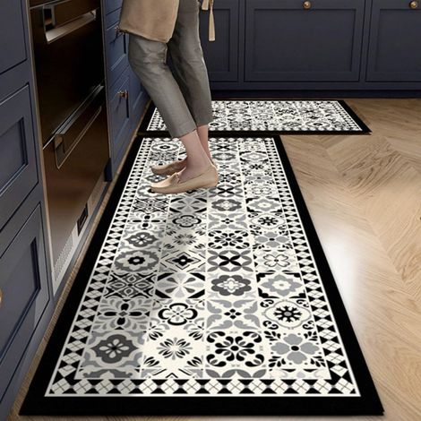 Non-slip, washable kitchen mat in front of the sink, vintage country style, absorbent, quick-drying diatomite hallway runner for laundry room, kitchen, bathroom (Grey tiles, 60x90cm) (1/5)