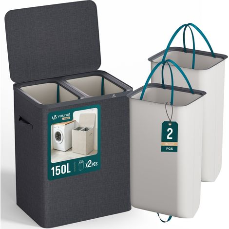 VOUNOT® Cesto Ropa Sucia 150L con Tapa Cesta Colada Plegable 2 Compartimentos Bolsas Interiores Extraíbles Cubo Ropa Sucia Lavandería Dormitorio Antracita