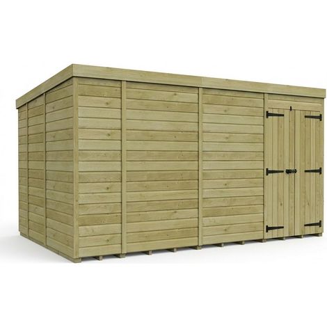 14ft x 9ft Pent Garden Shed Double Door No Windows - Pressure Treated Timber - L427 x W274 x H210 cm - Natural