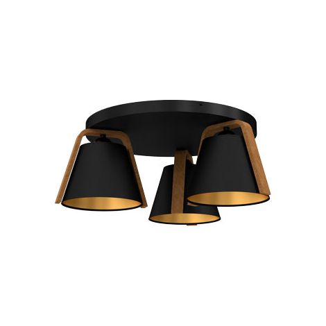 Plafonnier rond noir 3 abat-jour bois Norko E27 Luminex