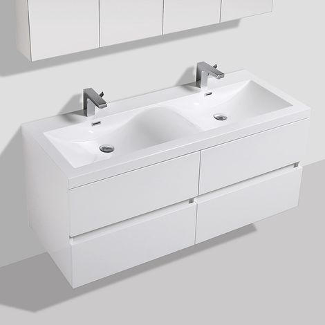 Stano. – Meuble double vasque 144 cm blanc laqué – Marbre de synthèse – 4 tiroirs – Installation murale – Design moderne minimaliste