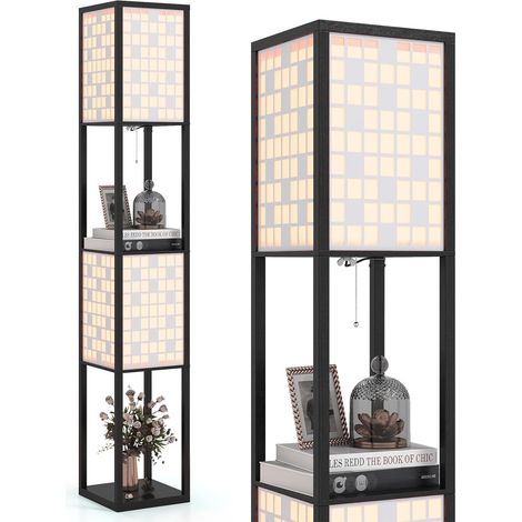 COSTWAY Lampadaire à Motif Quadrillé, Lampe sur Pied avec 2 Étagères & 2 Abat-jours, Interrupteur à Pied & Chaîne à Tirer, Douille E27 sans Ampoule, Lampadaire pour Salon Chambre Bureau (1/5)