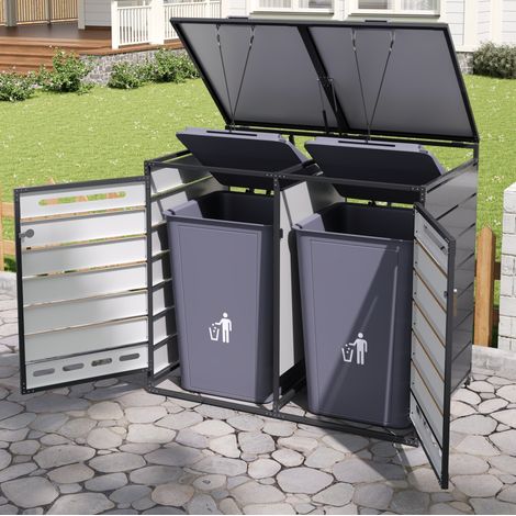 Cache-poubelles double en fer avec couvercles hydrauliques, 131 x 79 x 116 cm, noir HAVRYA (1/5)