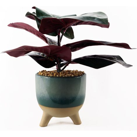 35cm Artificial Ficus Plant with Teal Blue Green Ceramic Planter (1/5)