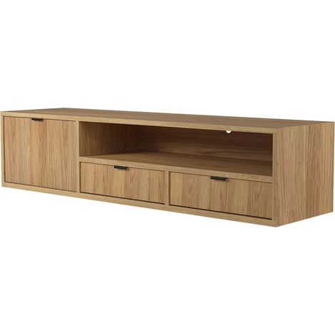 Mobile TV Sospeso Moderno Con 1 Anta A Ribalta 2 Cassetti E Ampio Vano A Giorno Con Passacavo Struttura In Melaminico Per Soggiorno Design Contemporaneo 150 X 35 X 40 Cm Rovere (1/5)