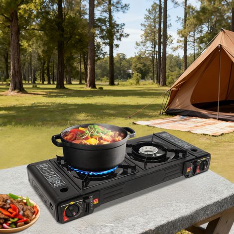 Senderpick – Réchaud à gaz portable 2 feux 2500W – Plaque antiadhésive – Allumage piézoélectrique – Pour camping et pique-nique – Noir